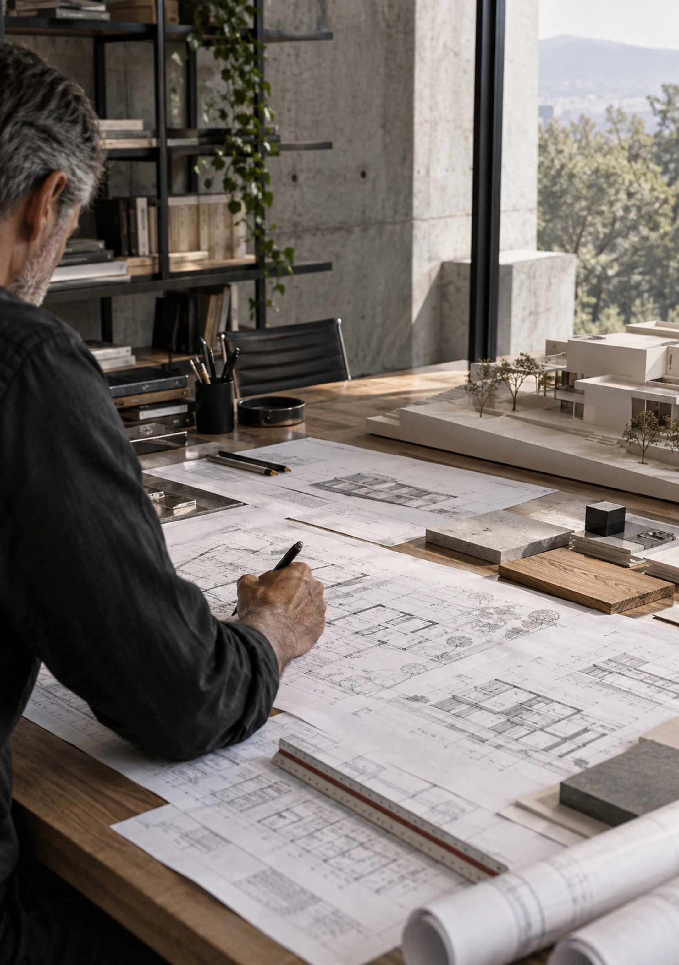 Desarrollo técnico de un proyecto arquitectónico sobre planos y maqueta