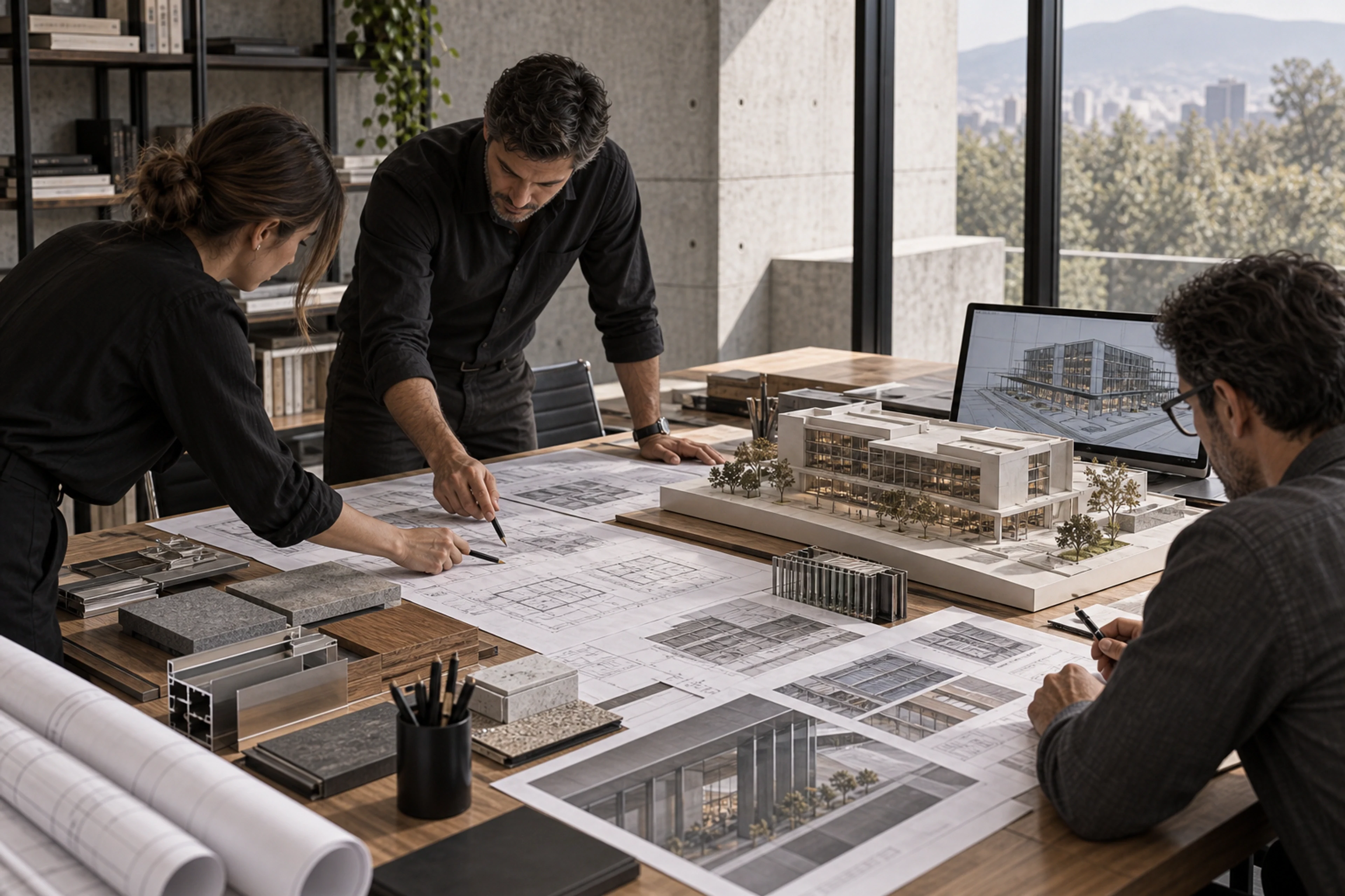 Equipo multidisciplinario coordinando arquitectura, ingeniería y ejecución de un proyecto